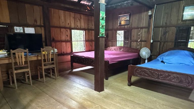 Warm wooden bedroom with mosquito net